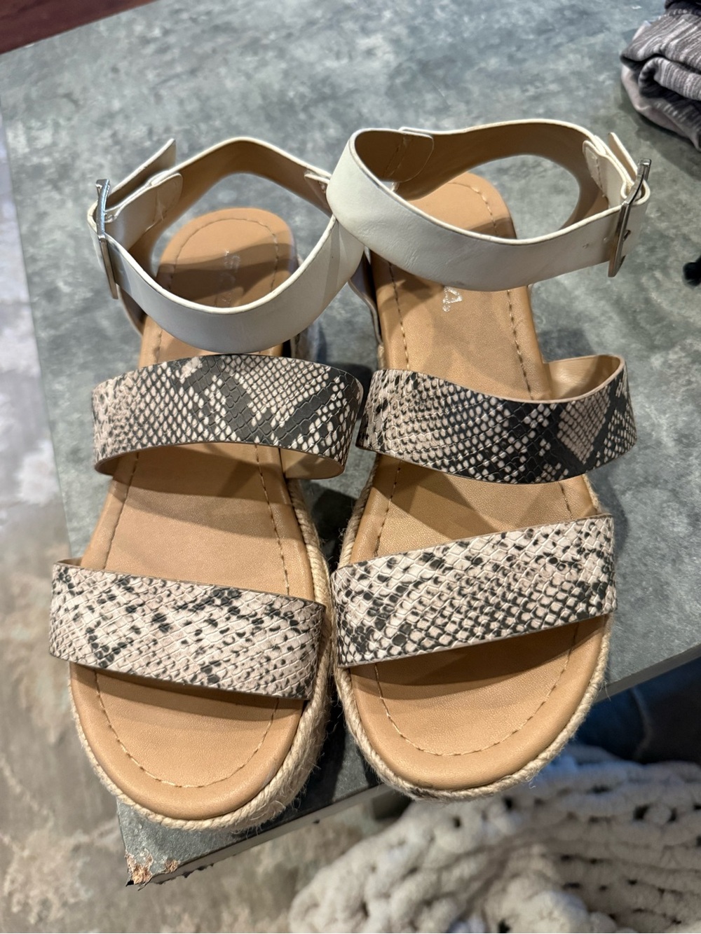 Soda White Ankle-Strap Sandals with Snake-Print Straps